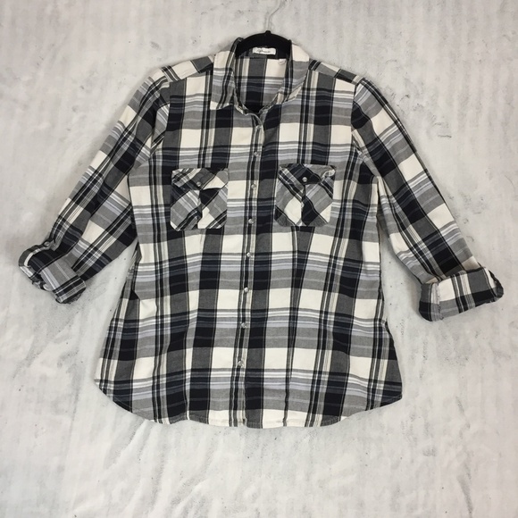 Reitmans Pearl Snap Shirt Womens Med Black Plaid Fitted Western Roll Tab Sleeves - Picture 2 of 14